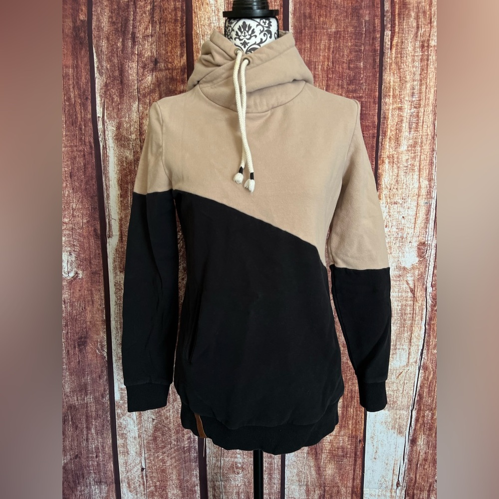 AMPERSAND AVE | Tan Black Color block Cowl Neck Hoodie Sweater